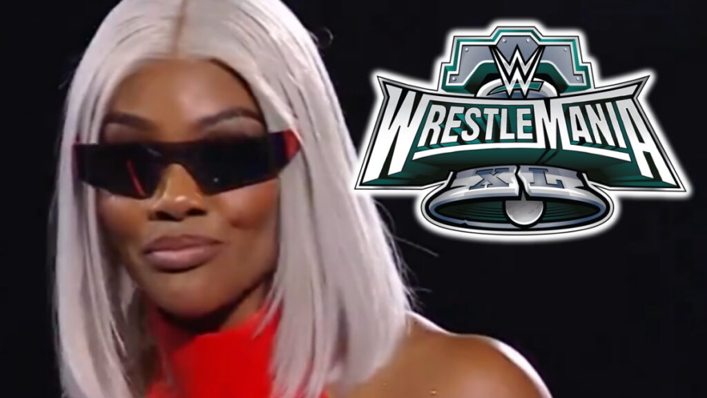 WWE SmackDown still of Jade Cargill with WrestleMania 40 logo