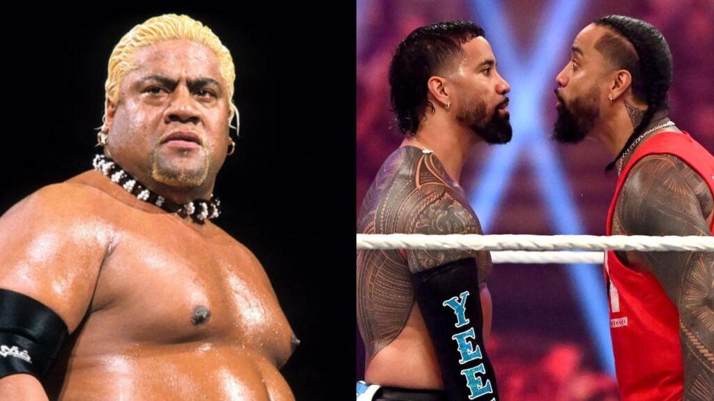 WWE legend Rikishi on the left, his sons Jey Uso and Jimmy Uso on the right