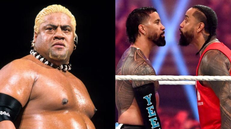 WWE legend Rikishi on the left, his sons Jey Uso and Jimmy Uso on the right
