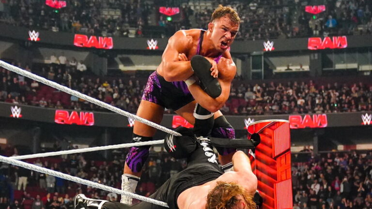 WWE star Chad Gable delivering ankle lock to SAMI ZAYN on Raw in Montreal, QC