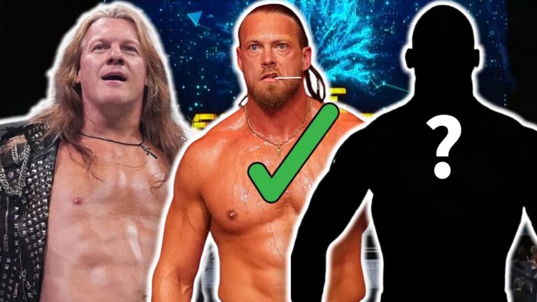 AEW stars Chris Jericho and Big Bill, and a silhouette