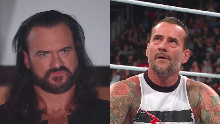 Drew McIntyre looking angry on the left. CM Punk looking up on the right