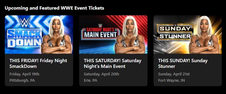 Jade Cargill featured on three WWE Events from the WWE Live website in April 2024