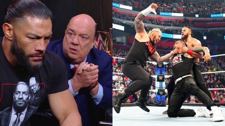 Roman Reigns and Paul Heyman on the left, Solo Sikoa and Tama Tonga attacking Jimmy Uso on WWE SmackDown on the right