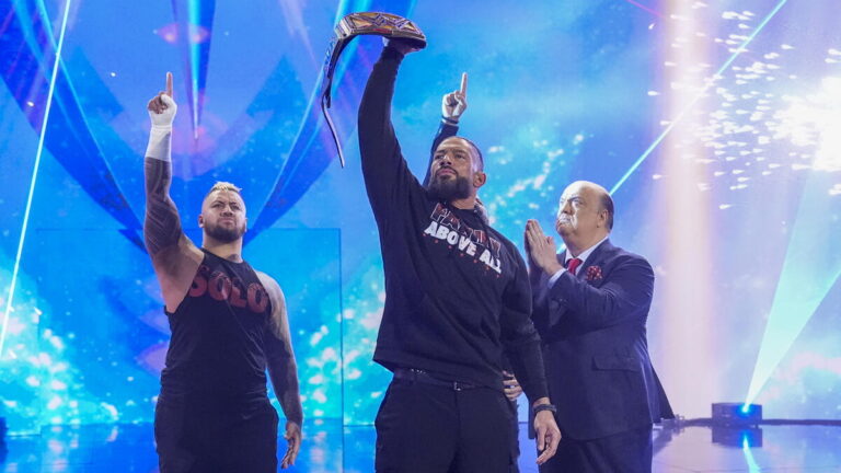 WWE Bloodline members Solo Sikoa, Roman Reigns and Paul Heyman