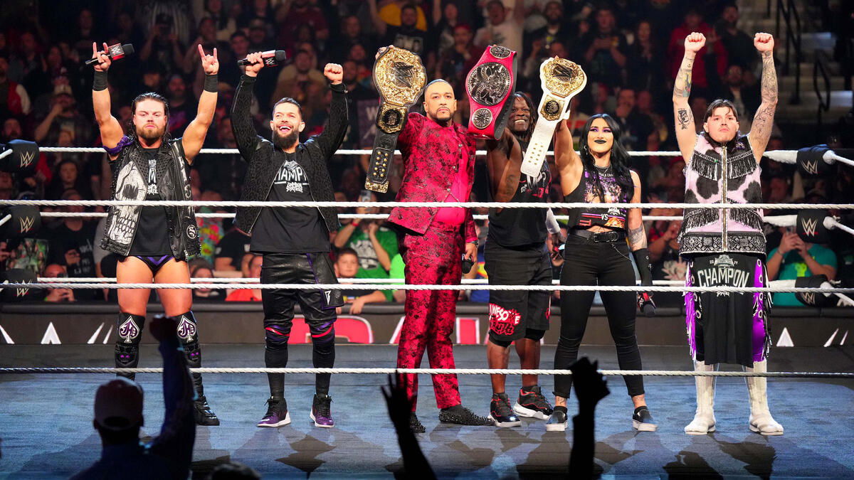 WWE Judgment Day members JD McDonagh, Finn Balor, Damian Priest, R-Truth, Rhea Ripley and Dominik Mysterio