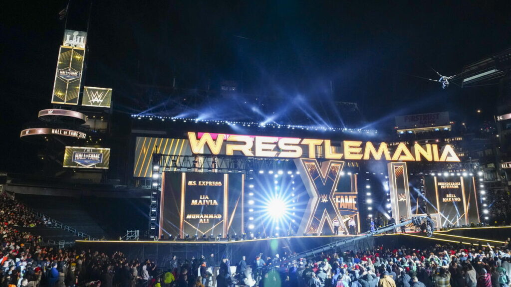 WWE WrestleMania 40 stage with Hall of Fame logo