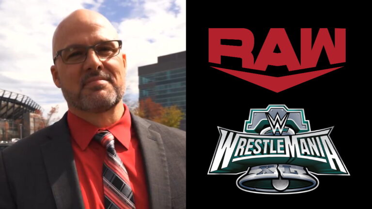 Adam Pearce on the left, WWE Raw and WrestleMania 40 logos on the right