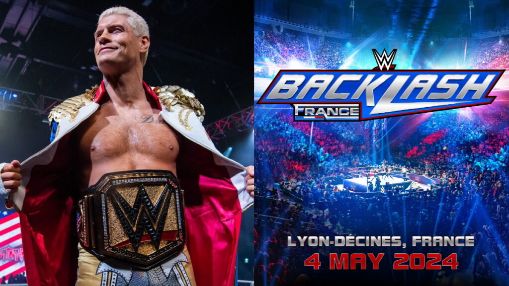 Cody Rhodes with WWE title and a logo for upcoming event, WWE Backlash
