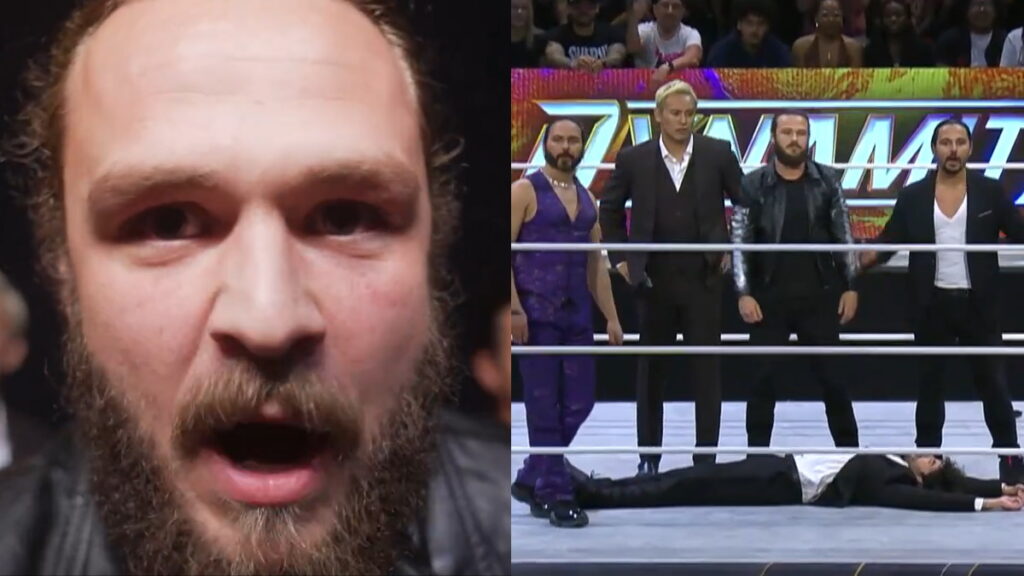 Jack Perry on left and right, the Elite (Okada, Perry, Young Bucks) after attacking Tony Khan on Dynamite