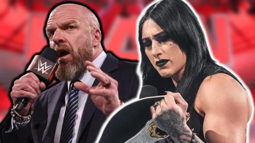 A WWE Raw logo background, with Triple h and Rhea Ripley relinquishing her Women's World Championship