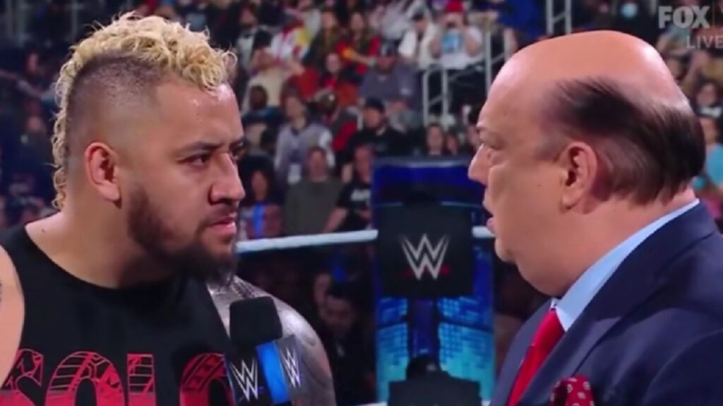 Solo Sikoa and Paul Heyman of the WWE Bloodline faction on SmackDown