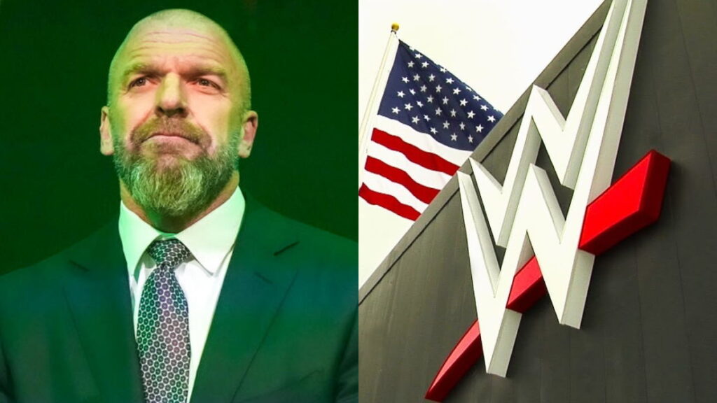 Triple H on the left, and the WWE headquarters logo on the right