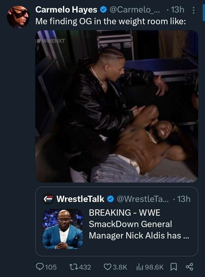 Carmelo Hayes after Trick Williams was attacked on NXT in a tweet about Bobby Lashley