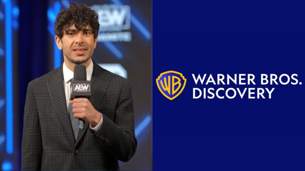 Tony Khan on an AEW microphone next to the WBD (Warner Bros Discover) logo