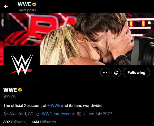 WWE Twitter/X banner is Liv Morgan kissing Dominik Mysterio
