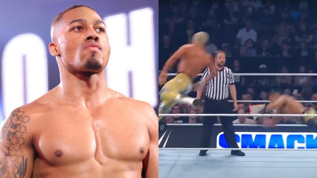 WWE stars Carmelo Hayes and Cody Rhodes double springboard moment during their match