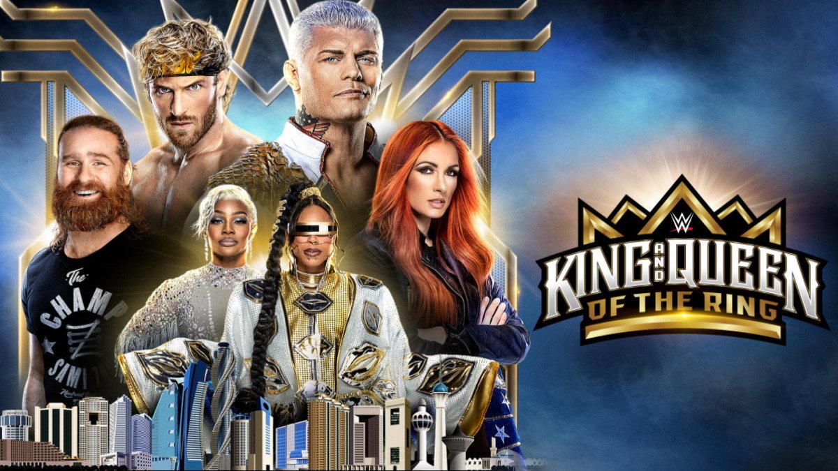 WWE King and Queen of the Ring poster featuring Kevin Owens, Logan Paul, Cody Rhodes, Becky Lynch, Jade Cargill and Bianca Belair