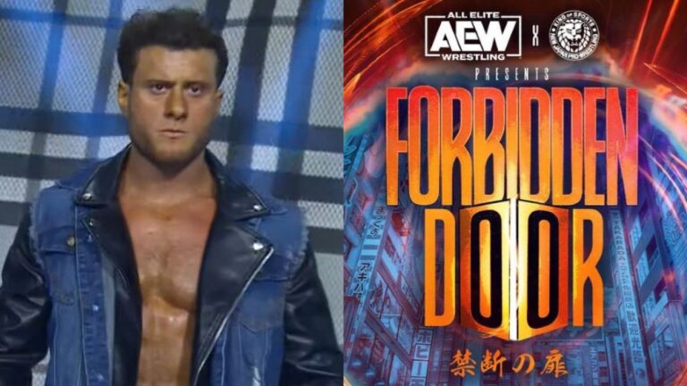 MJF next to the AEW x NJPW Forbidden Door logo