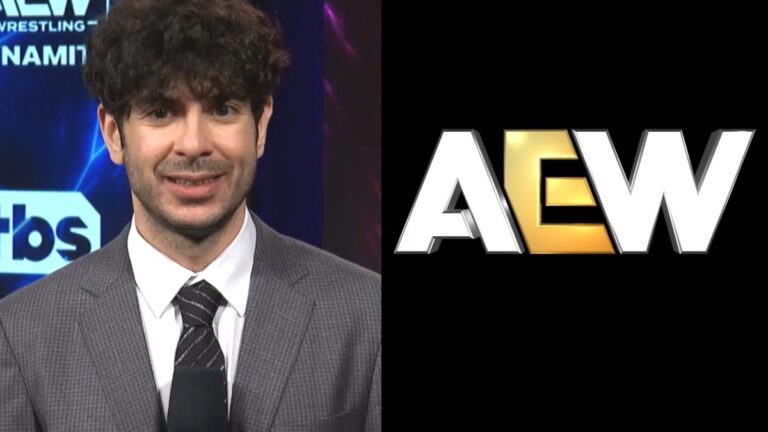 Tony Khan looking happy alongside the AEW logo