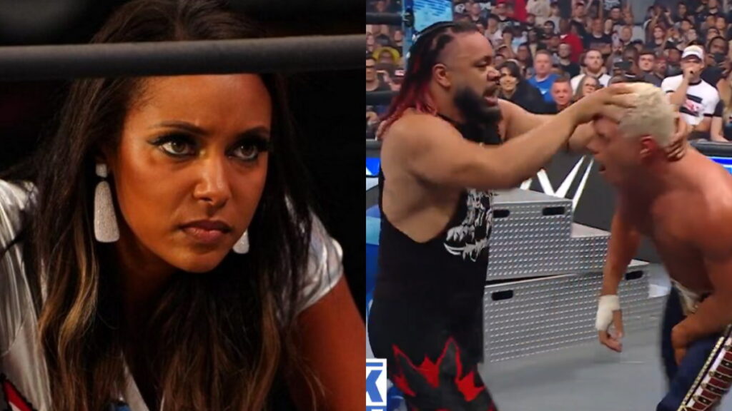 An AEW photo of Brandi Rhodes on the left, a WWE SmackDown photo of Bloodline member Jacob Fatu attacking Cody Rhodes on the right
