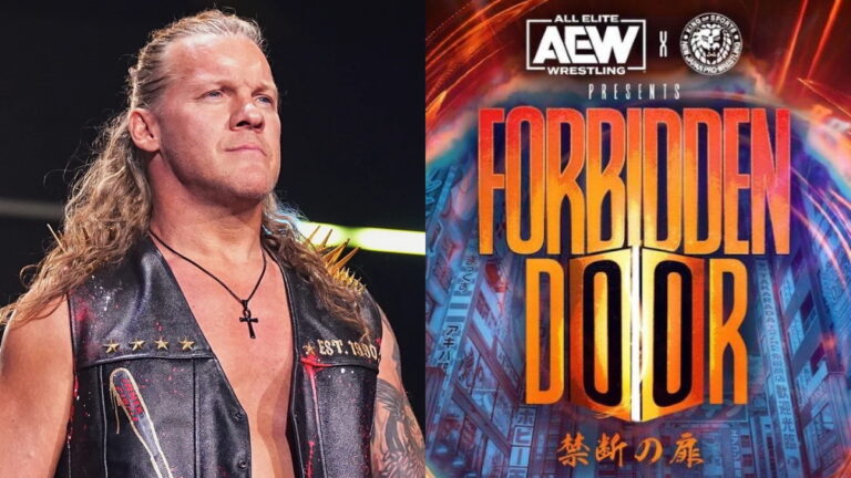 A photo of Chris Jericho on the left, the AEW Forbidden Door logo on the right