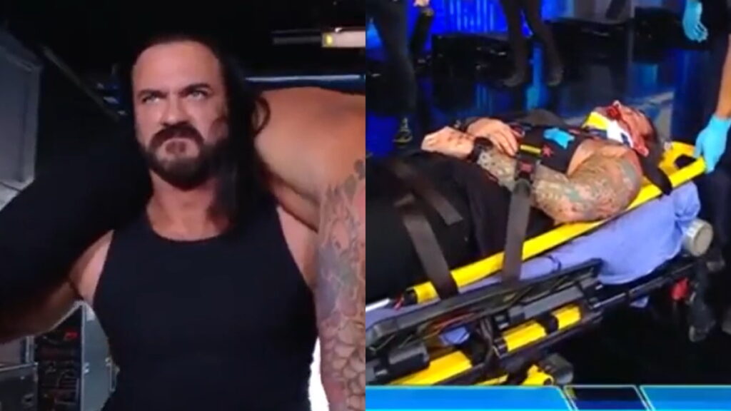 WWE Smackdown photo of Drew McIntyre on the left and CM Punk on a stretcher on the right