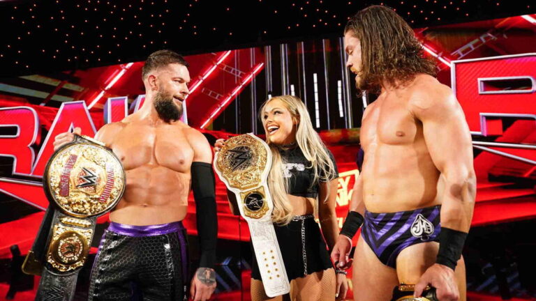 Members of the Judgment Day WWE faction Finn Balor and JD McDonagh, along with Liv Morgan