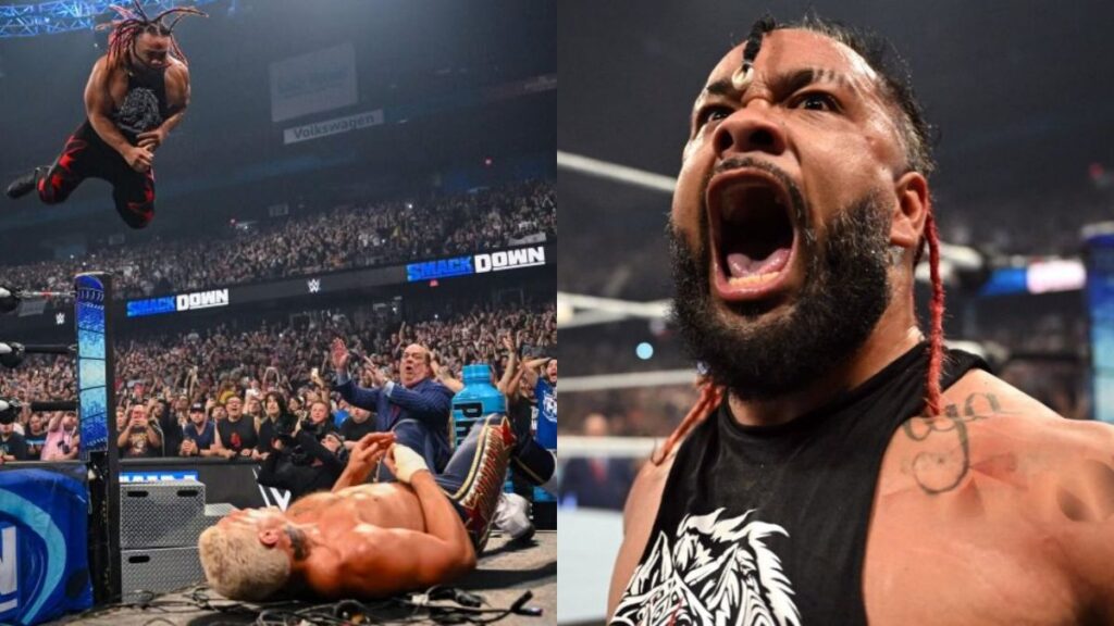 Jacob Fatu jumping off the top rope on WWE SmackDown on left, close up of Jacob Fatu yelling on the right side
