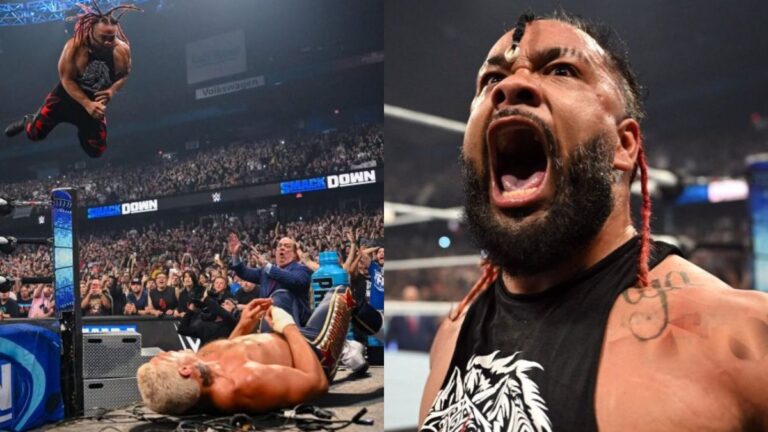 Jacob Fatu jumping off the top rope on WWE SmackDown on left, close up of Jacob Fatu yelling on the right side