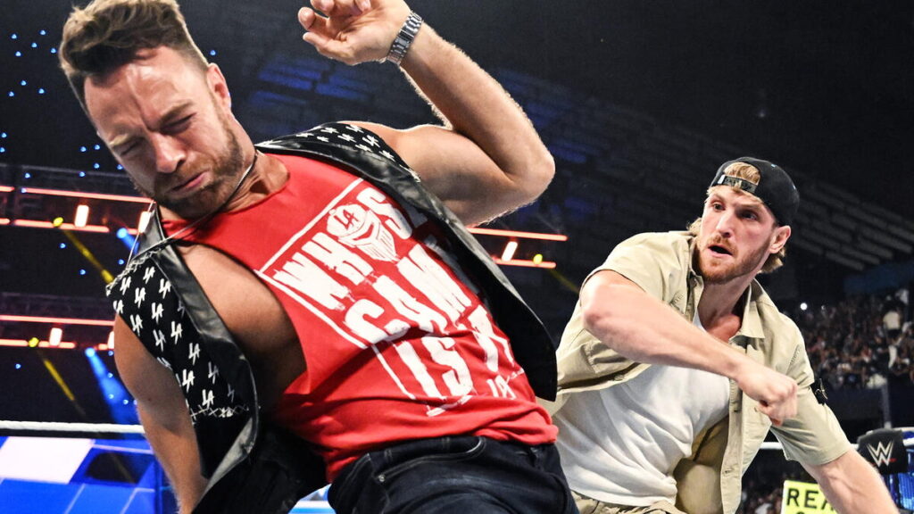 Logan Paul slapping LA Knight on WWE SmackDown on June 21, 2024.