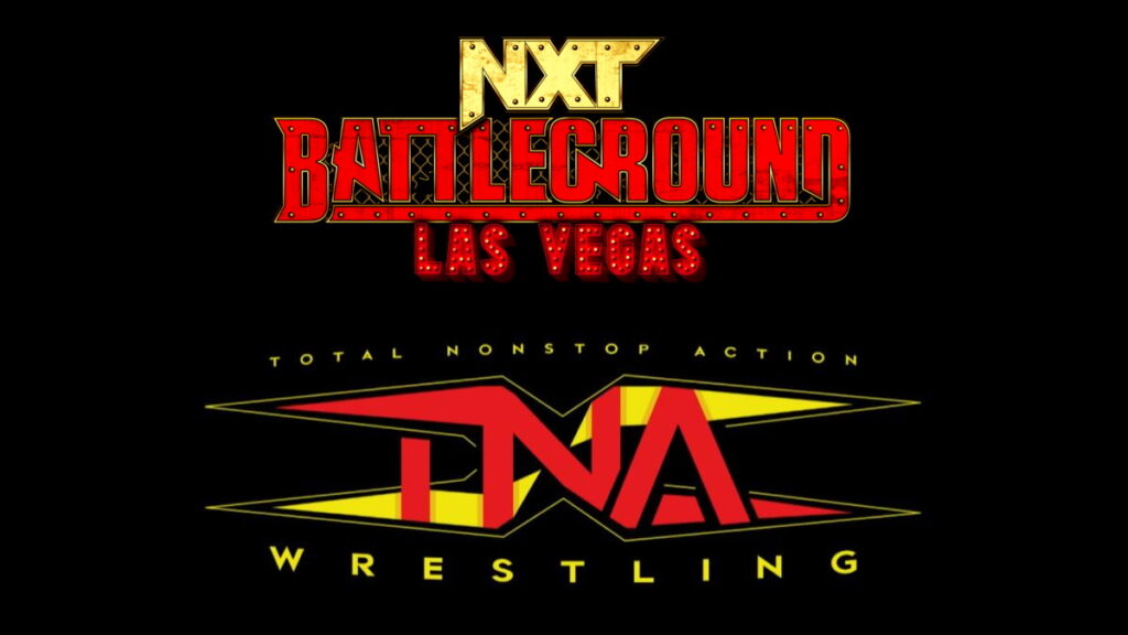 WWE NXT Battleground logo on top and TNA Wrestling logo on the bottom with a black background