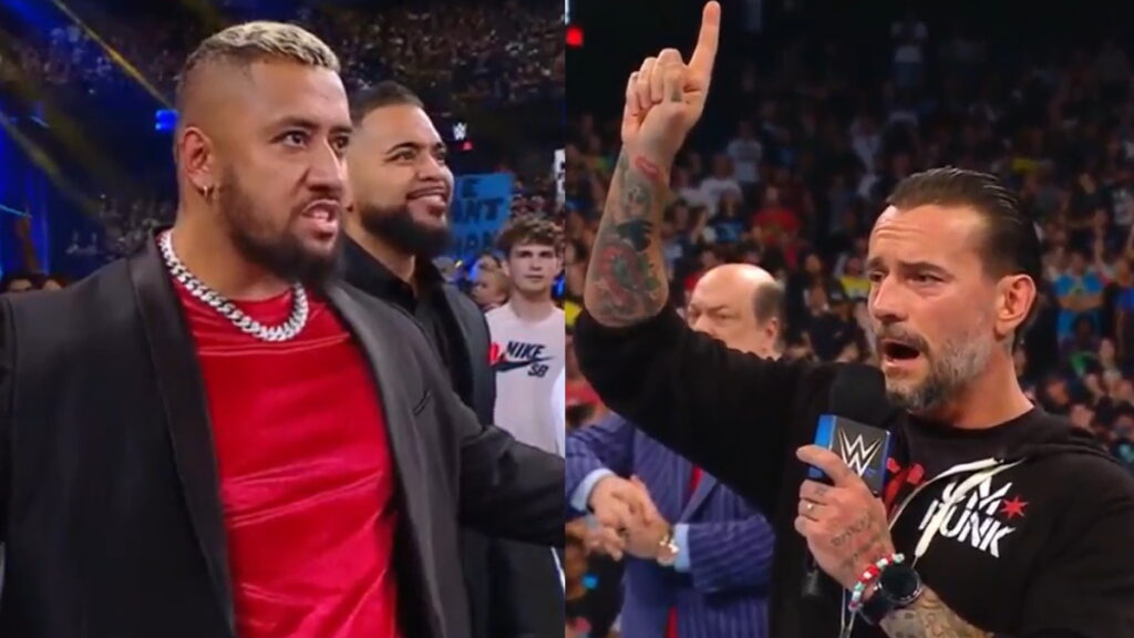 WWE SmackDown photos, on the left Bloodline and Solo Sikoa, on the right CM Punk