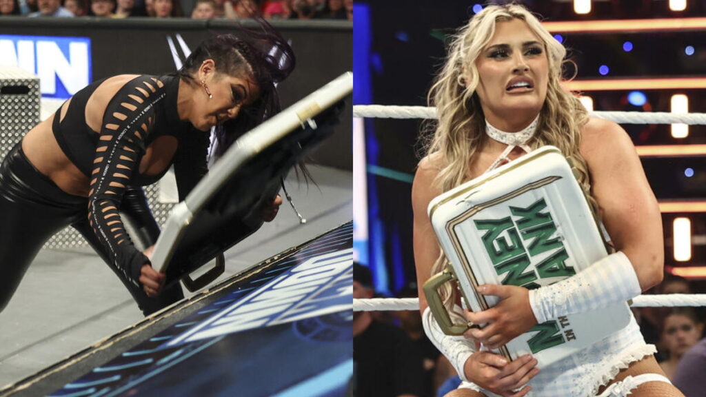 Bayley destroying Tiffany Stratton's WWE Money in the Bank briefcase
