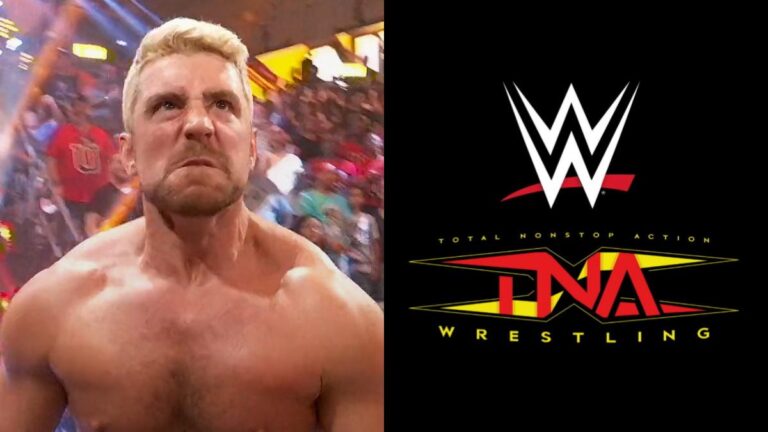 Joe Hendry angry and WWE and TNA logos
