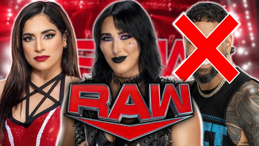 WWE Raw logo and Rhea Ripley, Raquel Rodriguez and Jey Uso
