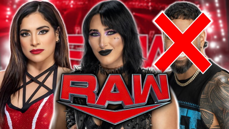 WWE Raw logo and Rhea Ripley, Raquel Rodriguez and Jey Uso