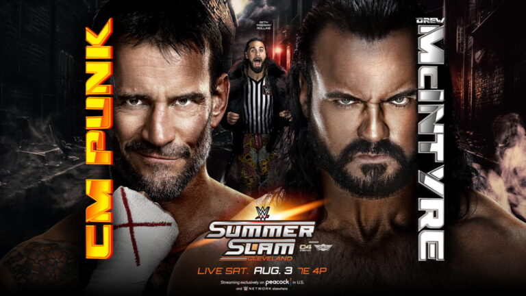 WWE SummerSlam poster for Drew McIntyre and CM Punk's match with Seth Rollins as special referee