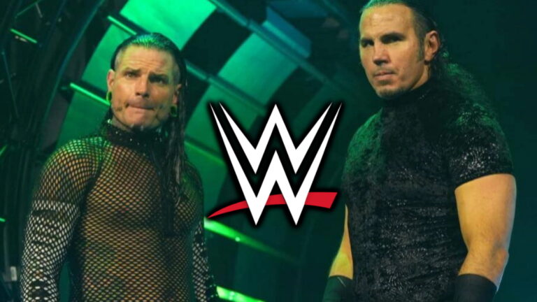 Matt and Jeff Hardy in front of AEW entrance tunnel with WWE logo