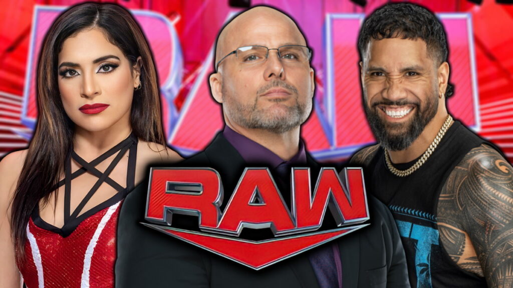 WWE Raw logo with Adam Pearce, Raquel Rodriguez and Jey Uso