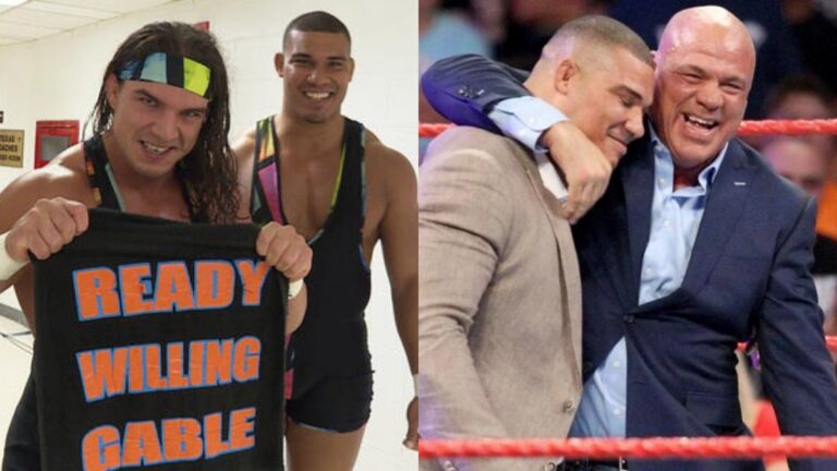 WWE Star Chad Gable with Jason Jordan in NXT alongside Jordan and Kurt Angle from 2017