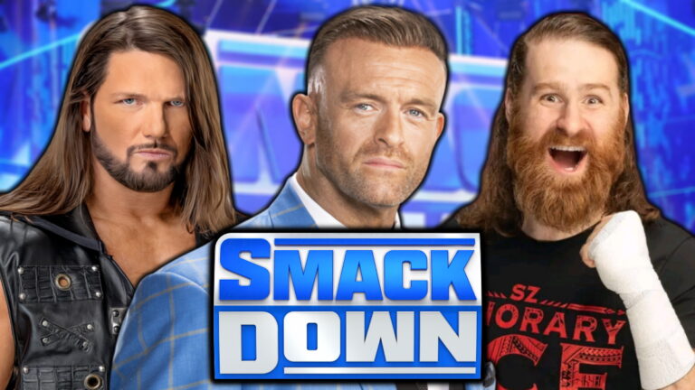 WWE SmackDown logo with Nick Aldis, AJ Styles and Sami Zayn