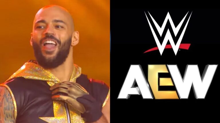 Ricochet next to WWE and AEW logos