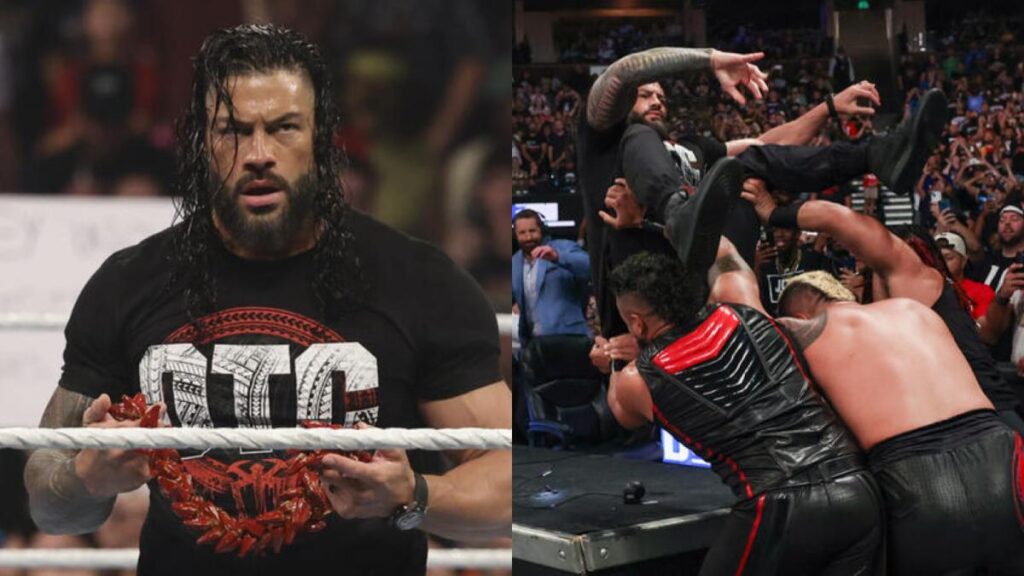 WWE star Roman Reigns, split image with him being attacked by the Bloodline