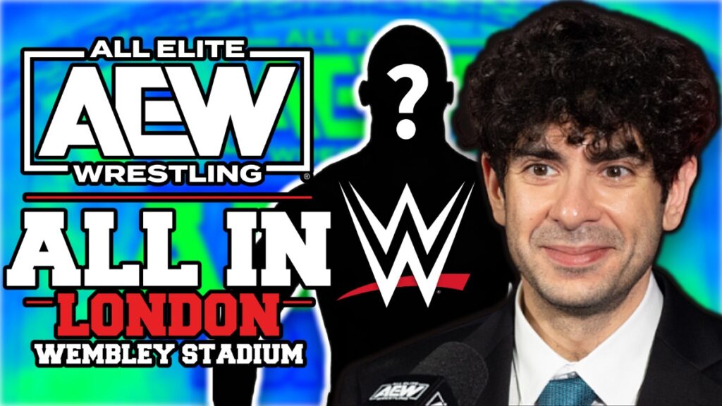 AEW All In London Wembley Stadium logo with Tony Khan and WWE logo