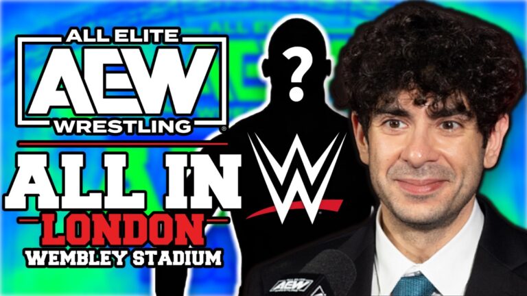 AEW All In London Wembley Stadium logo with Tony Khan and WWE logo