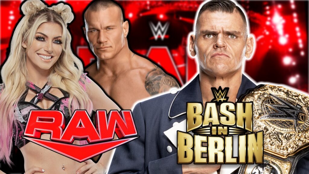Alexa Bliss, Randy Orton, GUNTHER and the WWE Raw and Bash In Berlin logos