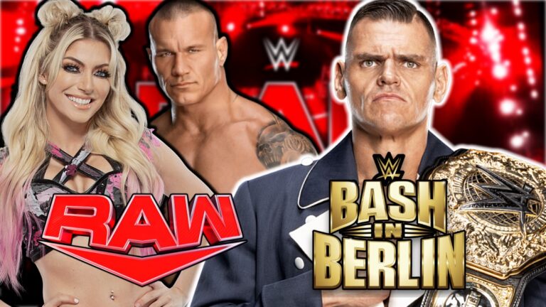 Alexa Bliss, Randy Orton, GUNTHER and the WWE Raw and Bash In Berlin logos