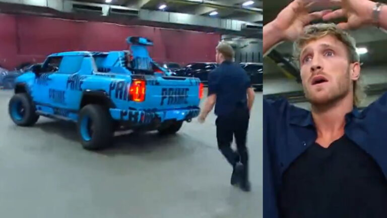 Logan Paul attempting to chase his PRIME Hummer as LA Knight drives it away on WWE SmackDown.