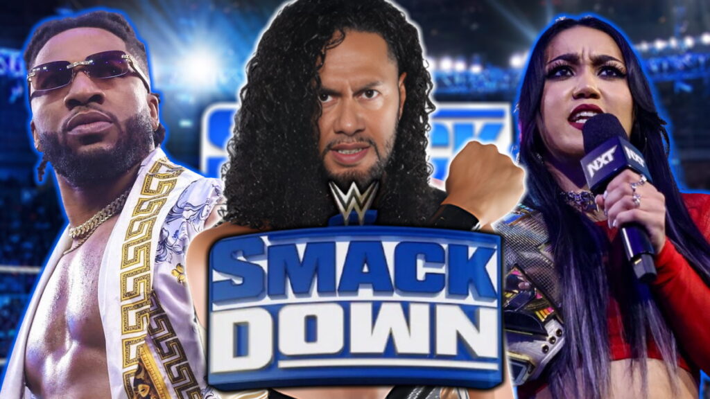 WWE SmackDown logo with Hikuleo, Trick Williams and Roxanne Perez